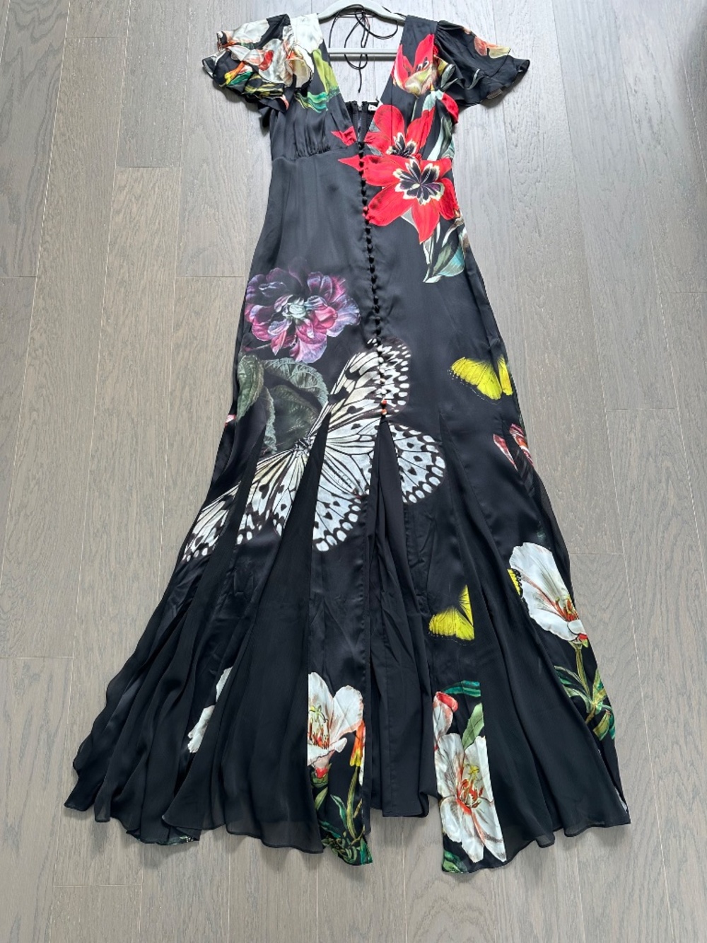 Alice + Olivia FARA Black Floral Butterfly Flutter Sleeve Maxi Dress - Size 2 - Picture 2 of 12
